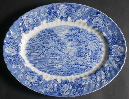 English Scenery Blue (Urn Backstamp, Swirl) 13" Oval Serving Platter