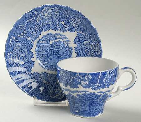 English Scenery Blue (Urn Backstamp, Swirl) Flat Cup & Saucer Set