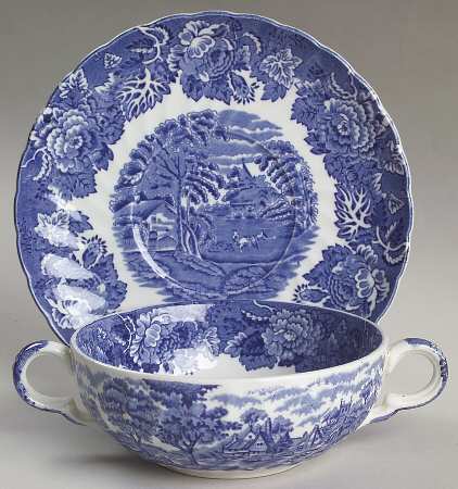 English Scenery Blue (Urn Backstamp, Swirl) Flat Cream Soup Bowl & Saucer Set
