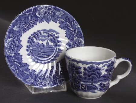 English Scenery Blue (Urn Backstamp, Swirl) Flat Demitasse Cup & Saucer Set