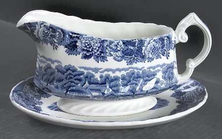 English Scenery Blue (Urn Backstamp, Swirl) Gravy Boat & Underplate/Relish