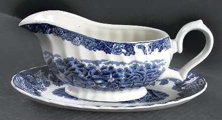 English Scenery Blue (Urn Backstamp, Swirl) Gravy Boat & Underplate/Relish