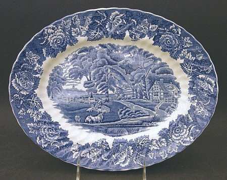 English Scenery Blue (Urn Backstamp, Swirl) 11" Oval Serving Platter