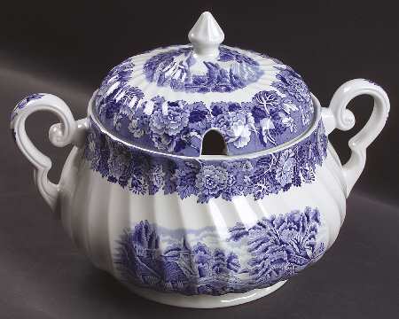 English Scenery Blue (Urn Backstamp, Swirl) Tureen &  Lid