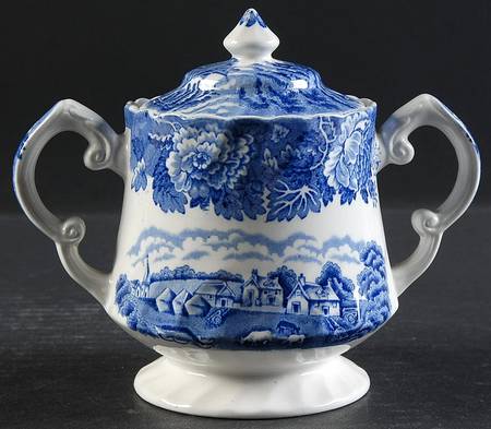 English Scenery Blue (Urn Backstamp, Swirl) Sugar Bowl & Lid