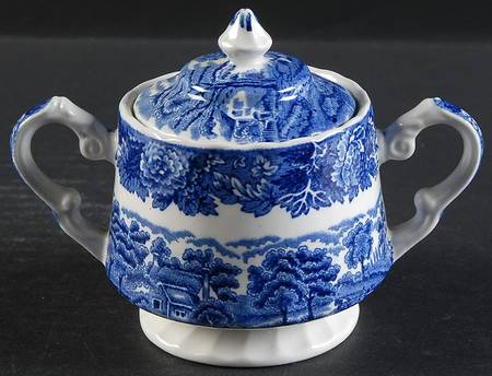 English Scenery Blue (Urn Backstamp, Swirl) Sugar Bowl & Lid