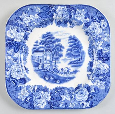 English Scenery Blue (Old Backstamp, Smooth) Square Luncheon Plate