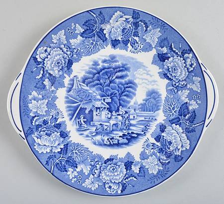 English Scenery Blue (Old Backstamp, Smooth) Handled Cake Plate