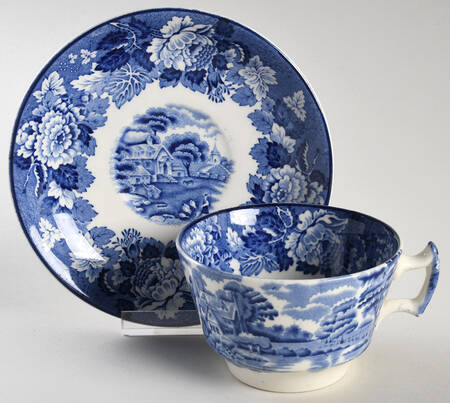 English Scenery Blue (Old Backstamp, Smooth) Flat Cup & Saucer Set