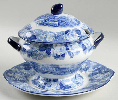 English Scenery Blue (Old Backstamp, Smooth) Sauce Boat & Lid with Underplate