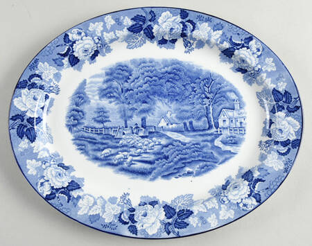 English Scenery Blue (Old Backstamp, Smooth) 12" Oval Serving Platter
