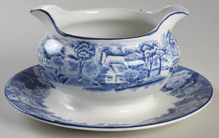 English Scenery Blue (Old Backstamp, Smooth) Gravy Boat with Attached Underplate
