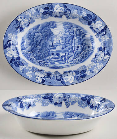 English Scenery Blue (Old Backstamp, Smooth) 8" Oval Vegetable Bowl
