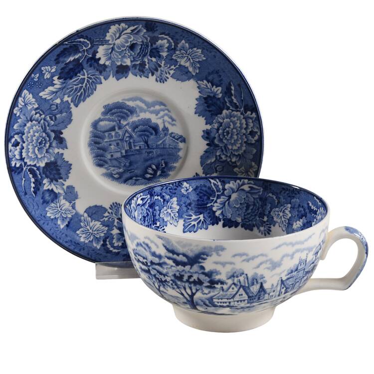 English Scenery Blue (Old Backstamp, Smooth) Oversized Cup & Saucer Set