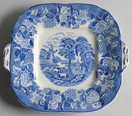 English Scenery Blue (Old Backstamp, Smooth) Square Handled Cake Plate