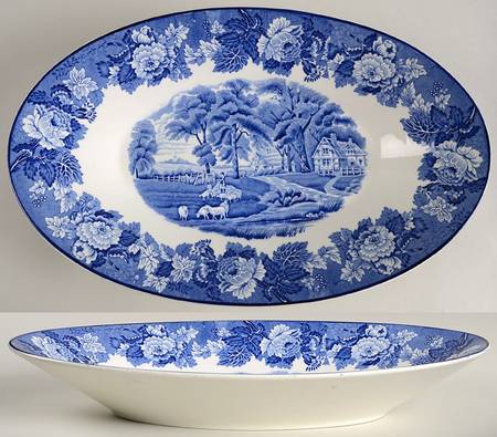 English Scenery Blue (Old Backstamp, Smooth) 14" Oval Vegetable Bowl