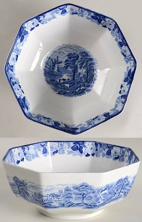 English Scenery Blue (Old Backstamp, Smooth) 8" Octagonal Vegetable Bowl