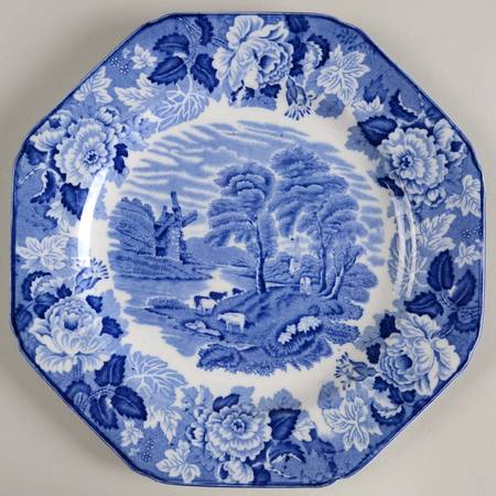 English Scenery Blue (Old Backstamp, Smooth) Octagonal Luncheon Plate