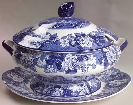 English Scenery Blue (Old Backstamp, Smooth) Tureen & Lid w/Underplate