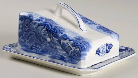 English Scenery Blue (Old Backstamp, Smooth) Cheese Dish with Lid (Wedge)