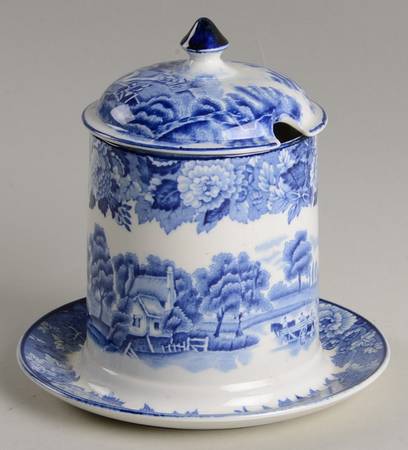 English Scenery Blue (Old Backstamp, Smooth) Preserve Holder & Lid w/Attached Underplate