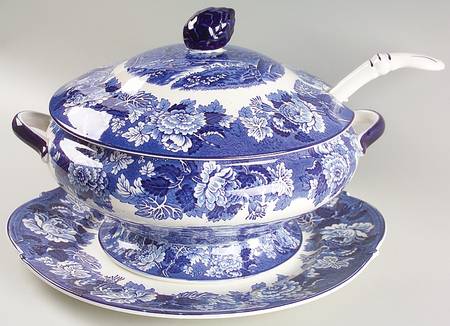 English Scenery Blue (Old Backstamp, Smooth) Tureen & Lid w/Ladle & Underplate