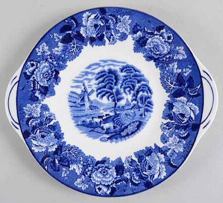 English Scenery Blue (Old Backstamp, Smooth) Handled Cake Plate
