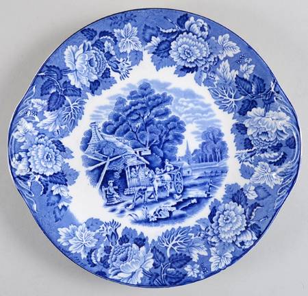 English Scenery Blue (Old Backstamp, Smooth) Handled Cake Plate