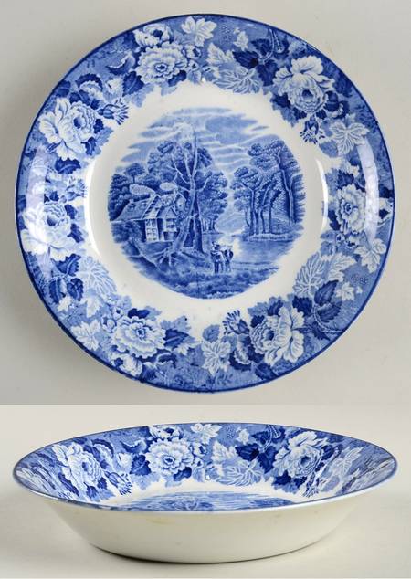 English Scenery Blue (Old Backstamp, Smooth) Coupe Soup Bowl