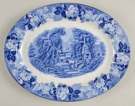 English Scenery Blue (Old Backstamp, Smooth) 11" Oval Serving Platter