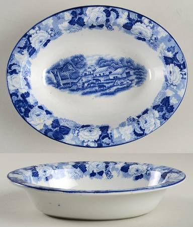 English Scenery Blue (Old Backstamp, Smooth) 8" Oval Vegetable Bowl