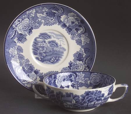 English Scenery Blue (Old Backstamp, Smooth) Footed Cream Soup Bowl & Saucer Set