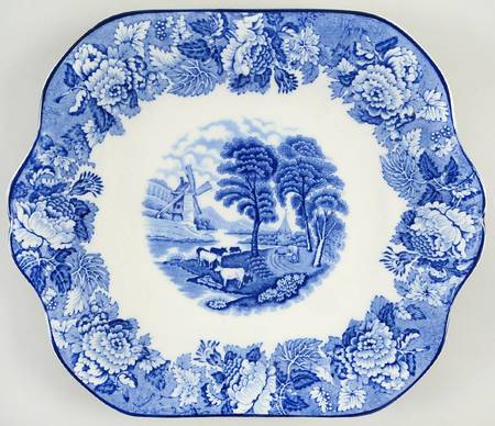 English Scenery Blue (Old Backstamp, Smooth) Square Handled Cake Plate