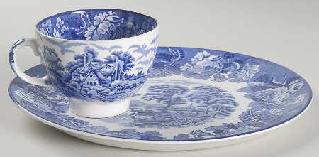 English Scenery Blue (Old Backstamp, Smooth) Snack Plate & Cup Set