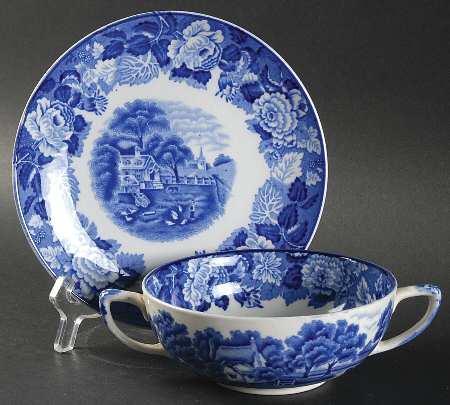 English Scenery Blue (Old Backstamp, Smooth) Footed Cream Soup Bowl & Saucer Set