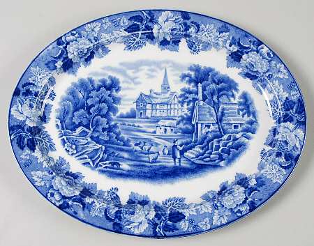 English Scenery Blue (Old Backstamp, Smooth) 10" Oval Serving Platter