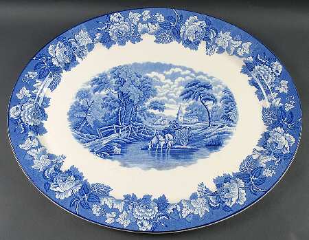 English Scenery Blue (Old Backstamp, Smooth) 21" Oval Serving Platter