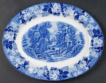 English Scenery Blue (Old Backstamp, Smooth) 10" Oval Serving Platter