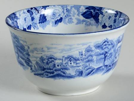 English Scenery Blue (Old Backstamp, Smooth) Cranberry Bowl