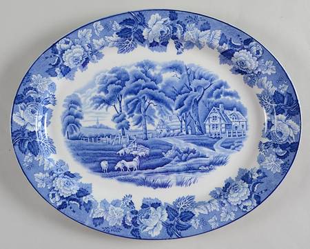 English Scenery Blue (Old Backstamp, Smooth) 11" Oval Serving Platter