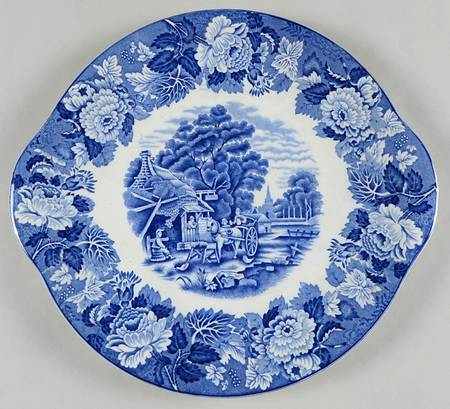 English Scenery Blue (Old Backstamp, Smooth) Handled Cake Plate
