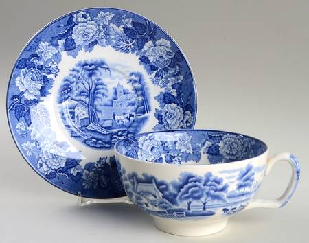 English Scenery Blue (Old Backstamp, Smooth) Jumbo Cup & Saucer Set