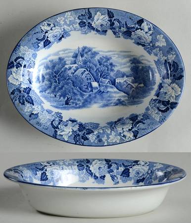 English Scenery Blue (Old Backstamp, Smooth) 8" Oval Vegetable Bowl