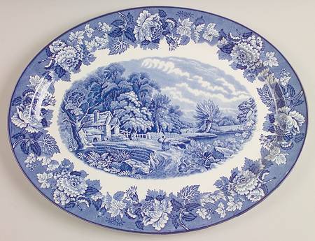 English Scenery Blue (Old Backstamp, Smooth) 16" Oval Serving Platter
