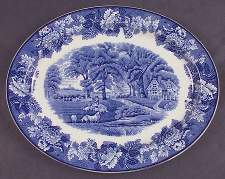 English Scenery Blue (Old Backstamp, Smooth) 12" Oval Serving Platter