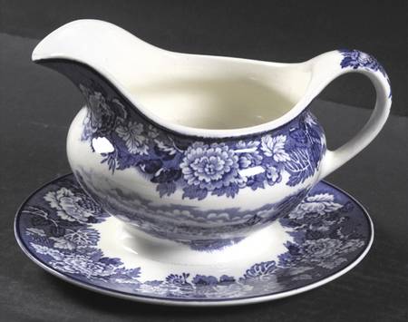English Scenery Blue (Old Backstamp, Smooth) Round Gravy Boat/Attached Underplate