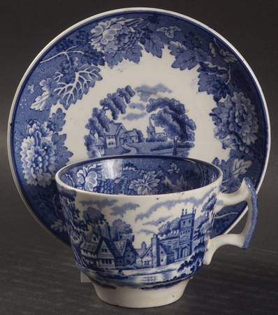 English Scenery Blue (Old Backstamp, Smooth) Flat Demitasse Cup & Saucer Set