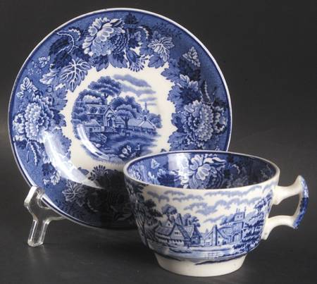 English Scenery Blue (Old Backstamp, Smooth) Flat Cup & Saucer Set