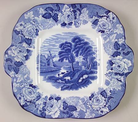 English Scenery Blue (Old Backstamp, Smooth) Square Handled Cake Plate