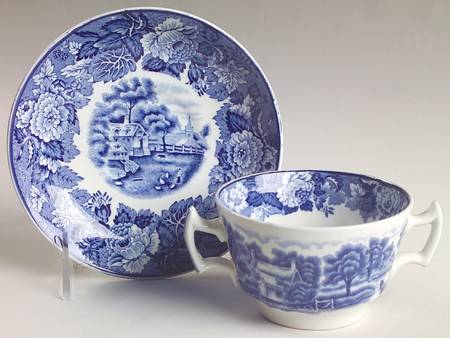 English Scenery Blue (Old Backstamp, Smooth) Flat Bouillon Cup & Saucer